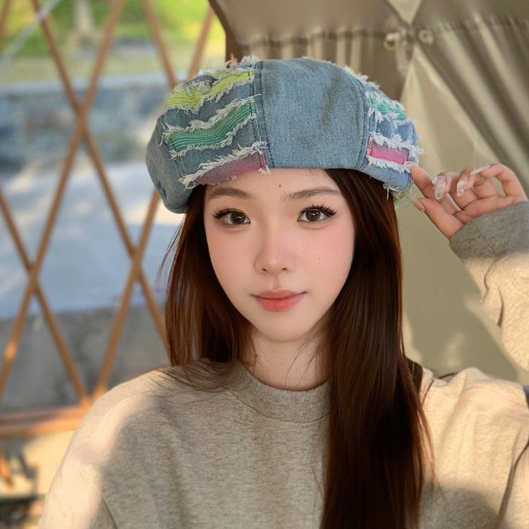 流行帽子 | 牛仔貝雷帽女春夏季新款做舊百搭破洞彩條畫家帽學生顯臉小八角帽「C3686」24.02-2