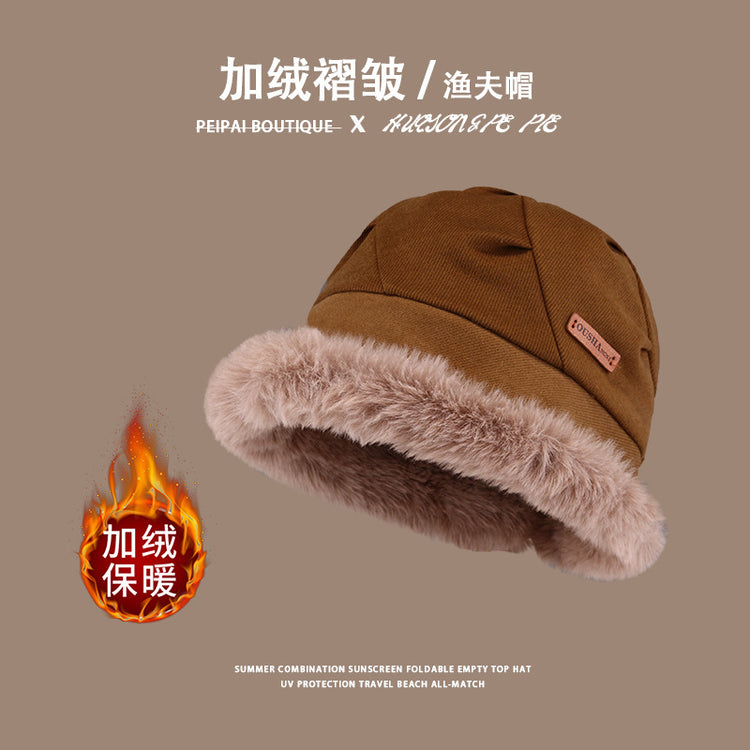 流行帽子|秋冬季帽子女保暖日系毛絨顯臉小簡約百搭布標ous加絨褶皺漁夫帽「C3401」24.11-4
