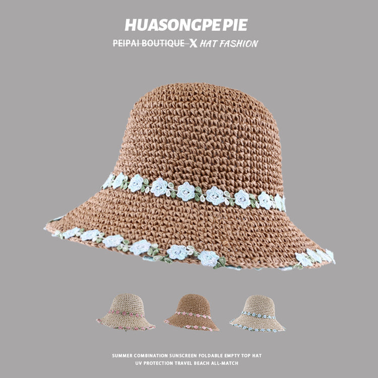 流行帽子|花朵草帽女大帽檐夏季海邊度假沙灘帽顯臉小草編可折疊遮陽防曬帽「C3885」24.04-5