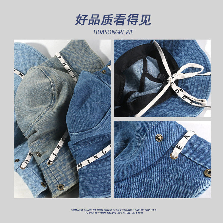 流行帽子|牛仔大帽檐遮陽帽夏季女復古休閒登山帽顯臉小系帶漁夫帽出遊帽子「C4142」24.07-2