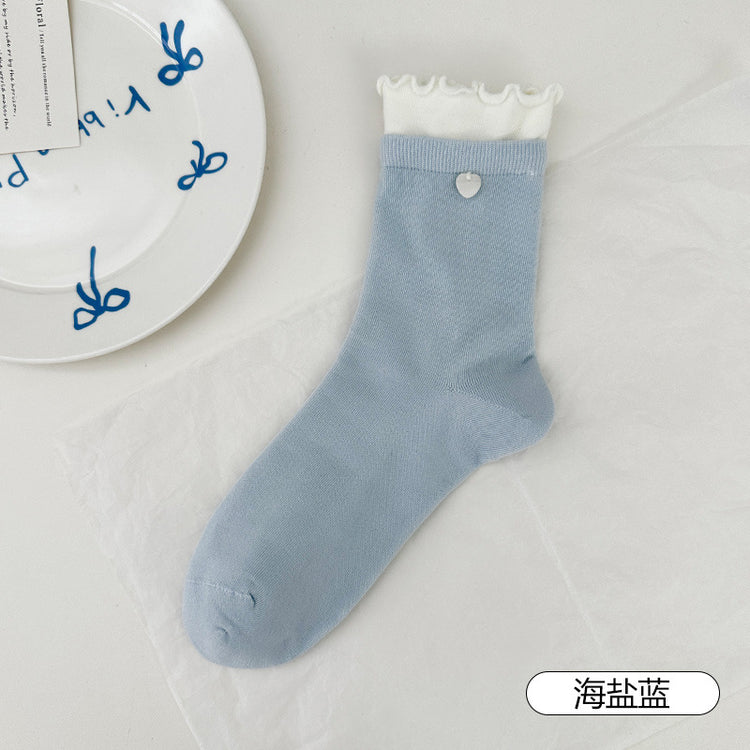 女襪|拼色雙羅口襪子女棉質吸汗透氣彈力花邊堆堆襪愛心紐扣無骨中筒襪「SM2506」25.06-1