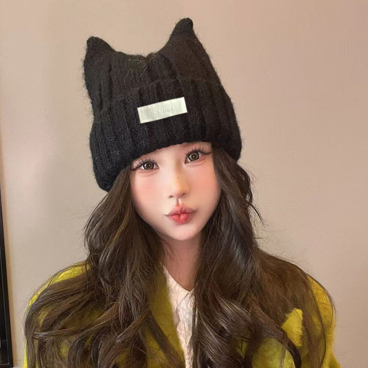 流行帽子|可愛保暖毛線帽女百搭顯臉小貓耳朵針織帽萌趣保暖防寒護耳帽子男「C4778」24.11-1