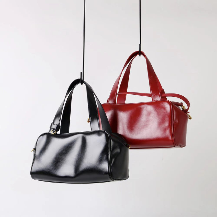 質感真皮|2025新款時尚牛皮手柄保齡球波士頓手提包小眾設計休閒百搭斜背包「8566」25.09-2