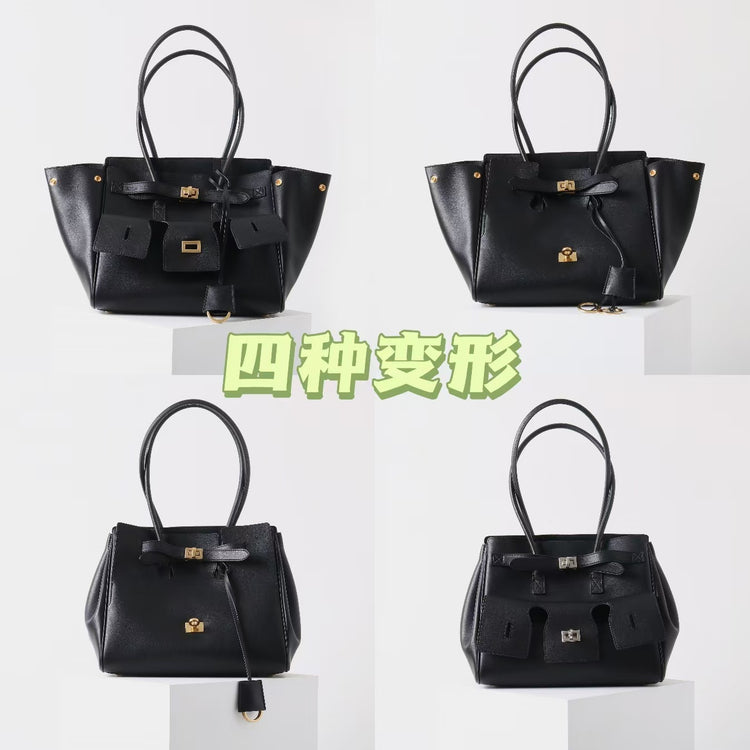 質感真皮|秋冬新款皮革女包多口袋手提包暗黑機車托特大容量方扣腋下包大包「586」24.11-3