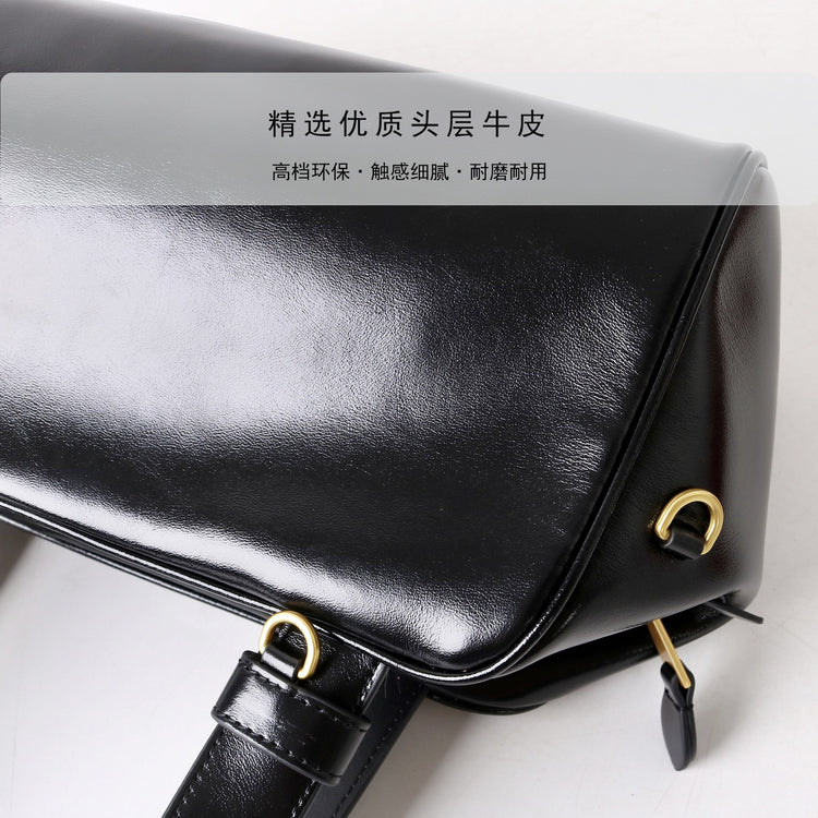 質感真皮|2025新款時尚牛皮手柄保齡球波士頓手提包小眾設計休閒百搭斜背包「8566」25.09-2