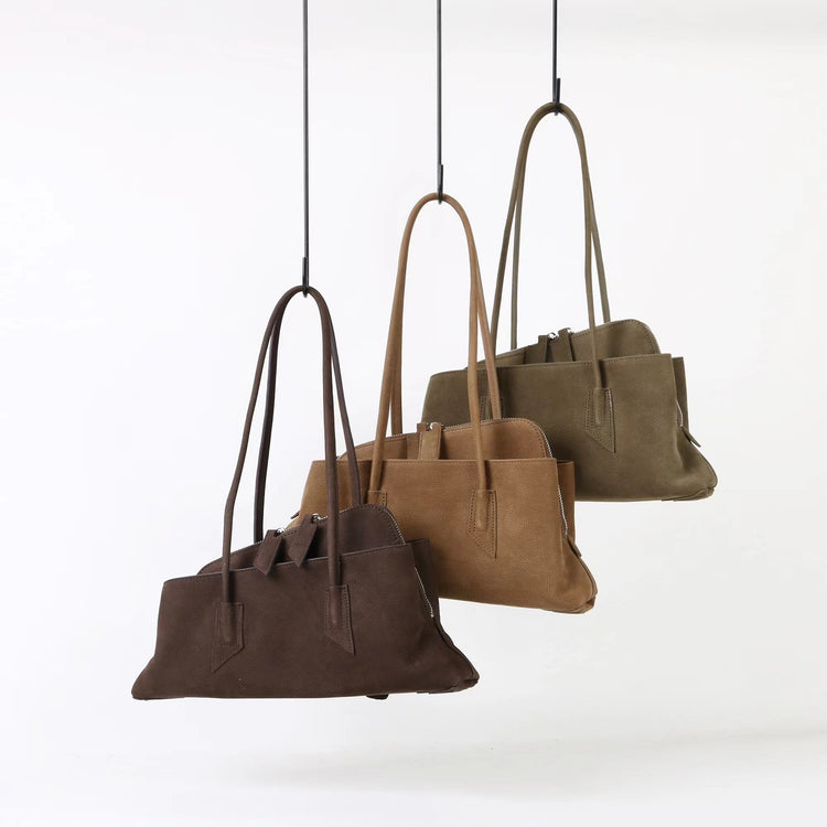 質感真皮|2025新款頭層麂皮不規則斜頂手提托特包磨砂荔枝牛皮腋下包「6163-S」25.10-1