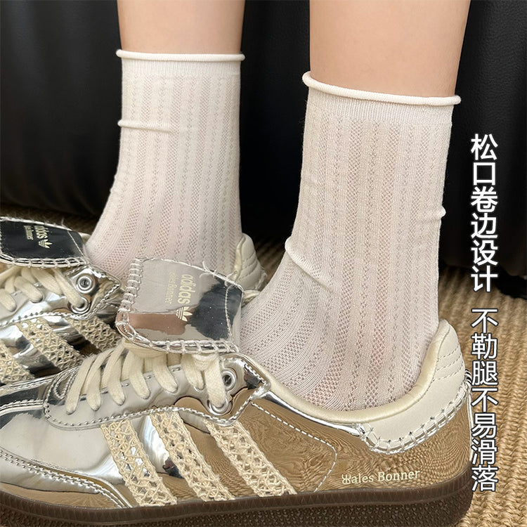 女襪|桑蠶絲襪子女夏季薄款網眼透氣中筒襪彈力無骨卷邊親膚舒適堆堆襪「AC8828」25.04-4