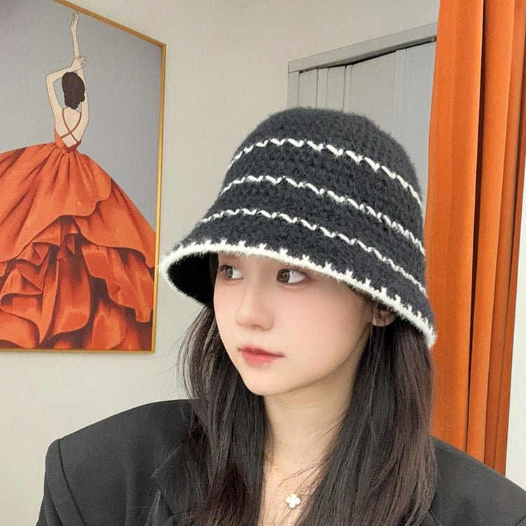 流行帽子|秋冬針織漁夫帽女條紋百搭顯臉小防寒護耳帽簡約休閒編織水桶帽子「C4348」24.08-4