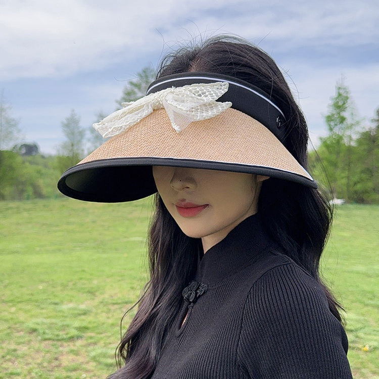 流行帽子|蕾絲蝴蝶結空頂帽女夏季黑膠防紫外線遮陽帽加寬帽檐沙灘太陽帽子「C3802」24.04-3