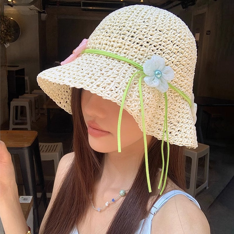 流行帽子|法式花朵草帽子女夏新款海邊度假防曬遮陽帽顯臉小草編漁夫太陽帽「C5165」25.04-2