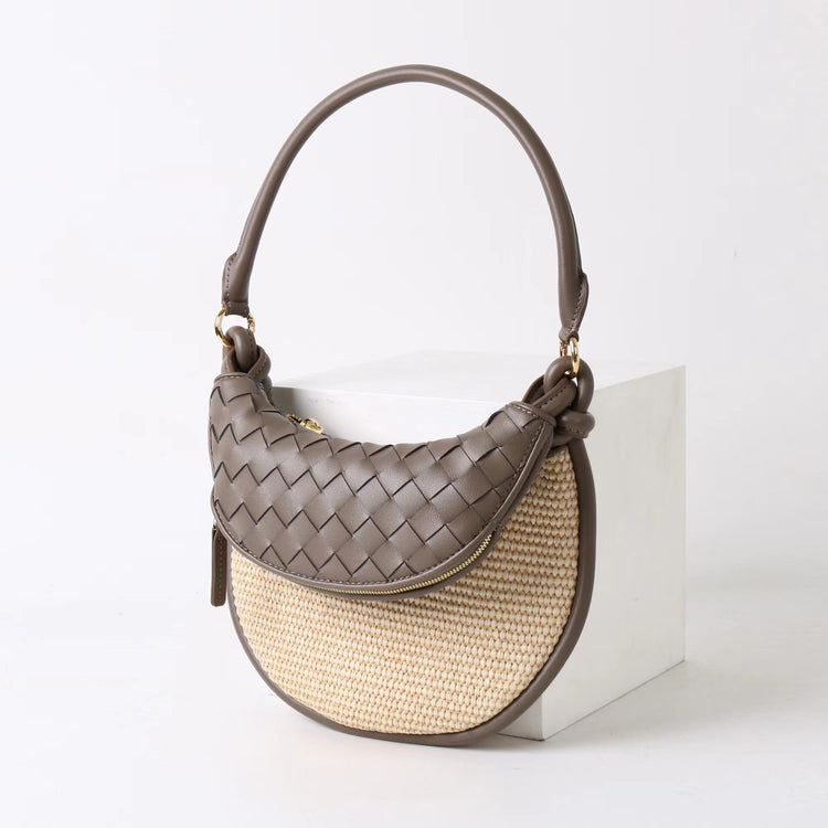 質感真皮|2025新款拉菲草編拼牛皮雙子包拼色月亮包度假單肩腋下包時尚編織包「9781-1」25.07-1