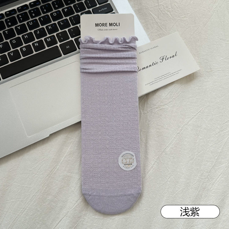 女襪|涼感桑蠶絲襪子女夏季薄款網眼透氣堆堆襪抑菌防臭彈力無骨中筒襪「ZJ25017」25.06-1