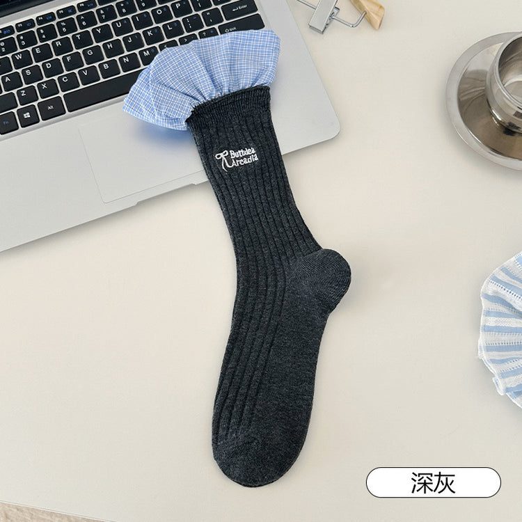 女襪|灰色堆堆襪子女棉質吸汗透氣親膚中筒襪ins潮刺繡字母襪子「DQ25810」25.04-3