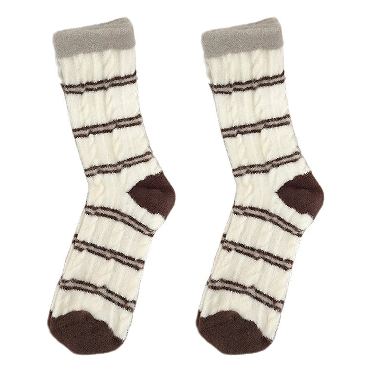 女襪|撞色條紋襪子秋冬季ins韓版加絨加厚堆堆襪蓄熱鎖溫毛絨中筒襪「H5767」25.11-2