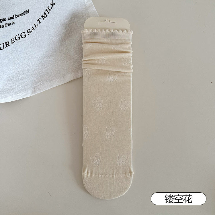 女襪|襪子女士miu系蝴蝶結親膚舒適中筒襪夏季薄款吸濕透氣堆堆襪「SM2510」25.04-4
