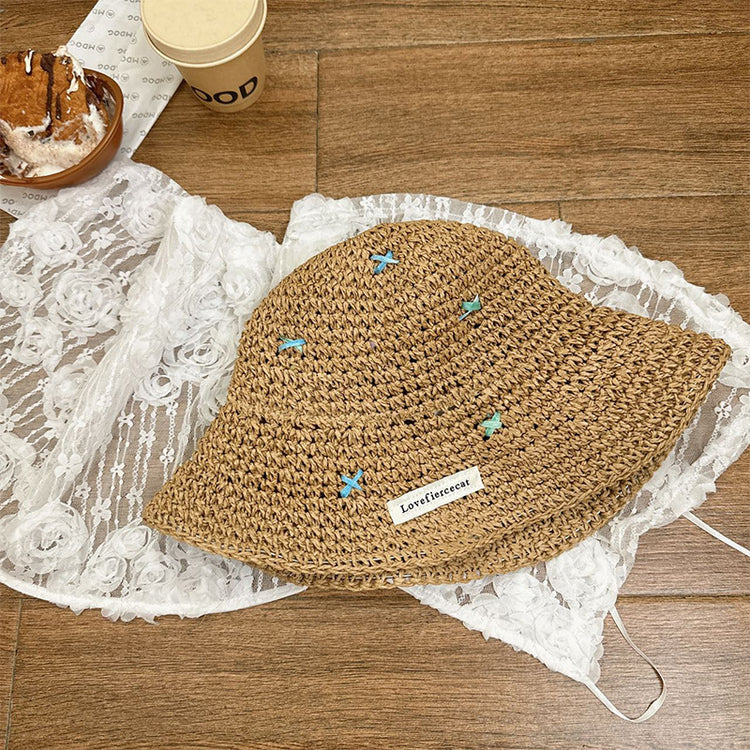 流行帽子|韓版度假風可愛草編漁夫帽女防曬帽夏季海邊防紫外線沙灘大檐草帽「C5025」25.02-3