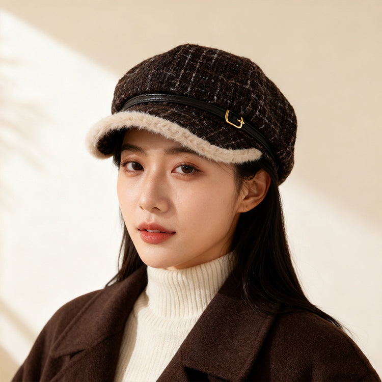 流行帽子|小香風格子毛絨帽子女秋冬保暖顯臉小八角帽大頭圍日系鴨舌貝雷帽「C5840」25.11-3