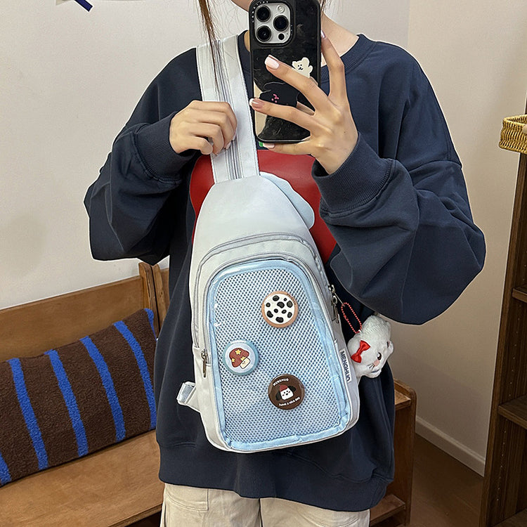 致青春|可愛少女休閒胸章斜背包日系ins透明網袋大容量簡約百搭單肩包批發「2739-120」25.04-3