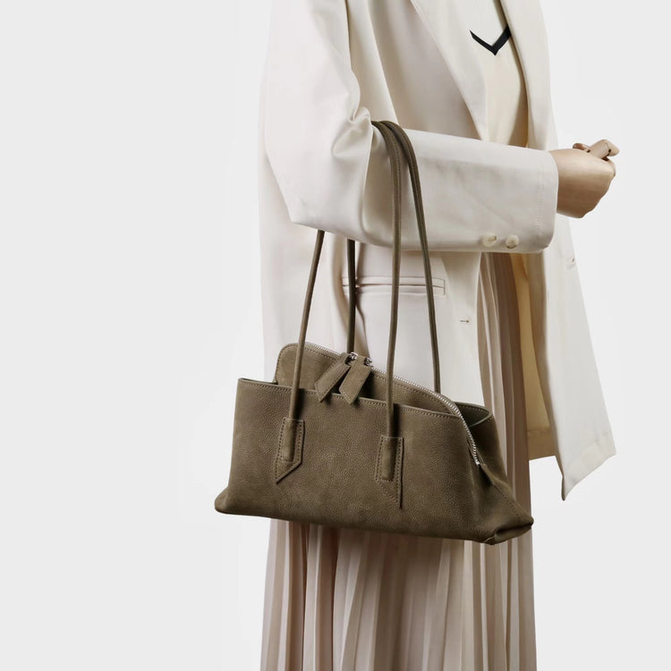 質感真皮|2025新款頭層麂皮不規則斜頂手提托特包磨砂荔枝牛皮腋下包「6163-S」25.10-1