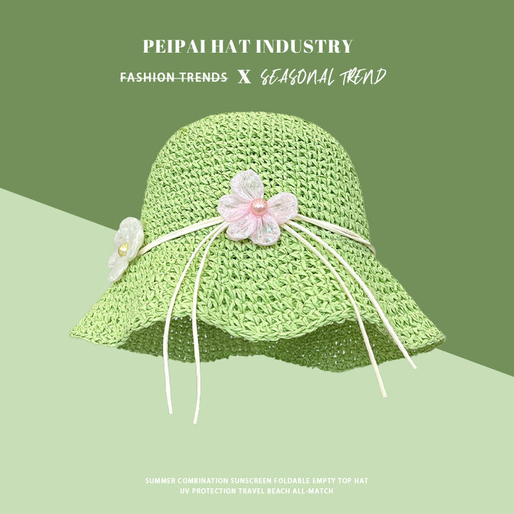 流行帽子|法式花朵草帽子女夏新款海邊度假防曬遮陽帽顯臉小草編漁夫太陽帽「C5165」25.04-2