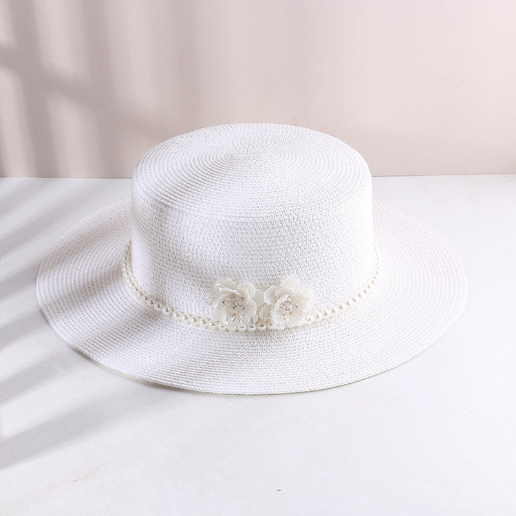 流行帽子|海邊草帽夏季遮陽遮臉防曬帽珍珠花朵赫本風沙灘度假平頂草編禮帽「C4107」24.07-4