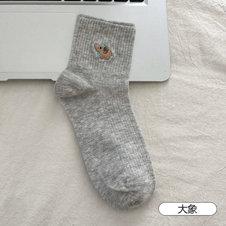 女襪|夏季薄款襪子女棉質吸汗透氣彈力短筒襪卡通刺繡配德訓鞋休閒襪「AL25007」25.04-3
