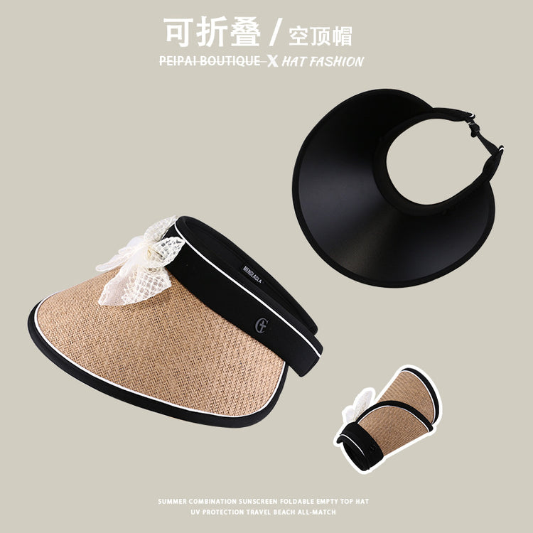 流行帽子|蕾絲蝴蝶結空頂帽女夏季黑膠防紫外線遮陽帽加寬帽檐沙灘太陽帽子「C3802」24.04-3