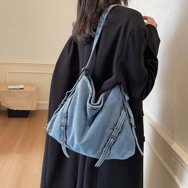 日韓流行|時尚通勤托特包女2024冬季韓版ins設計感女包大容量牛仔布斜背包「8265-131」24.12-5