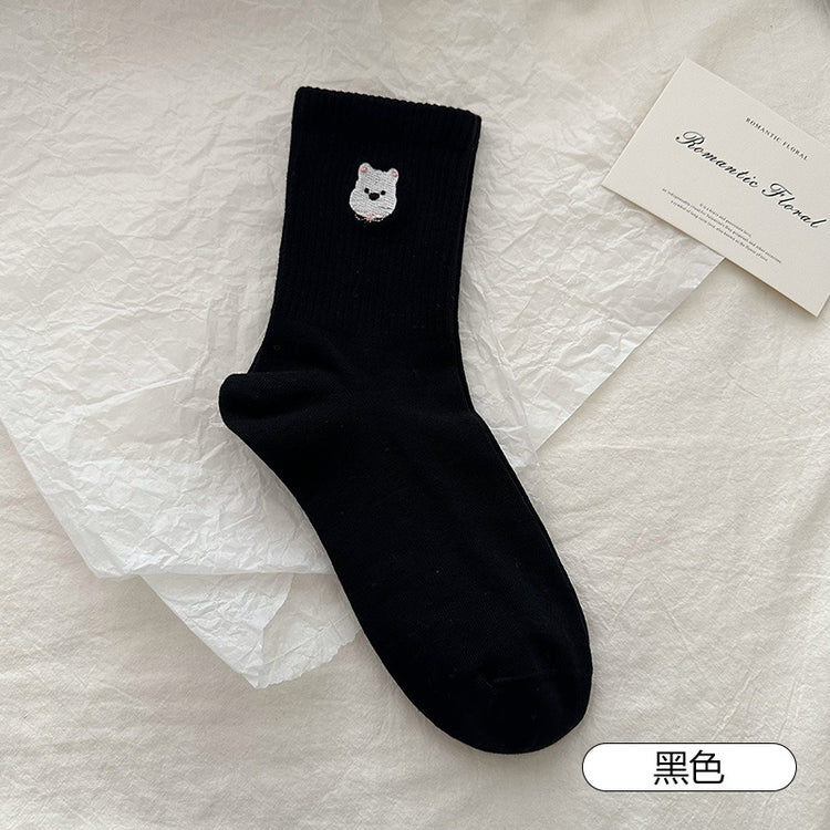 女襪|條紋襪子女萌趣卡通刺繡彈力中筒襪棉質吸汗防臭親膚舒適堆堆襪「W0124」25.03-4