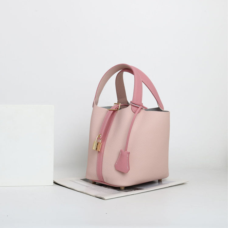 質感真皮|togo頭層牛皮拼接菜籃2024年新款時尚軟牛皮水桶包手提手拎包「226#」24.10-3