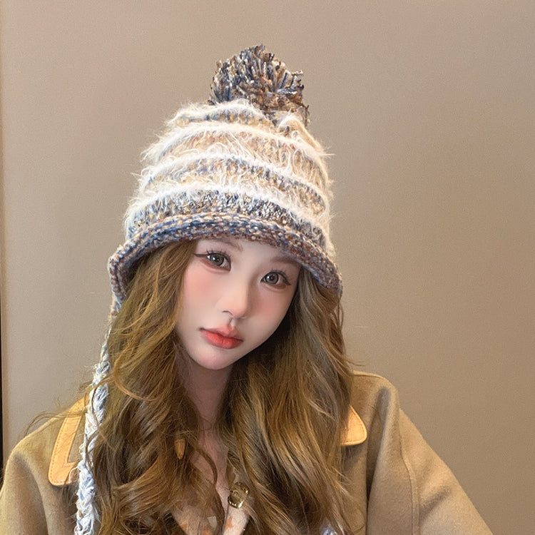 流行帽子|彩色流蘇毛球針織帽冬季可愛辮子保暖護耳帽百搭包頭帽騎行套頭帽「C4555」24.09-4