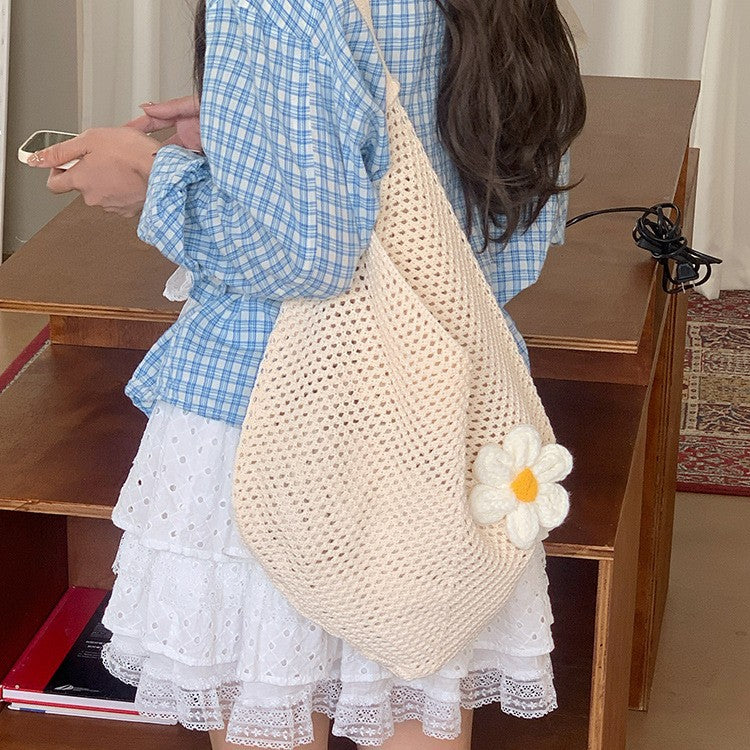 日韓流行 | 夏季新款大容量編織包海邊度假花朵針織沙灘包時尚單肩通勤托特包「L9013」25.07-3