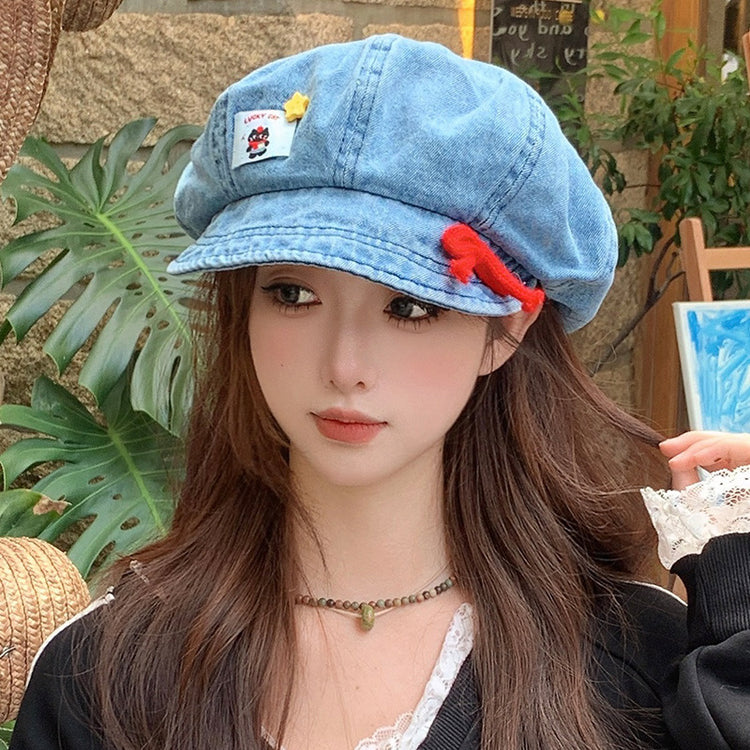 流行帽子 |水洗牛仔蝴蝶結貓咪貝雷帽子女復古做舊布標八角帽百搭報童帽潮牌「C5381」25.07-3