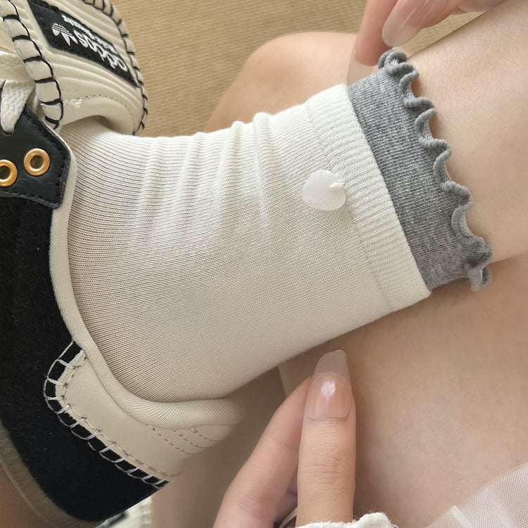 女襪|拼色雙羅口襪子女棉質吸汗透氣彈力花邊堆堆襪愛心紐扣無骨中筒襪「SM2506」25.06-1
