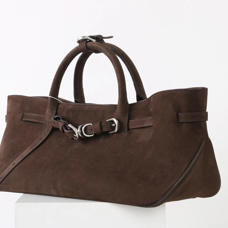 質感真皮|2025新款復古休閒麂皮包通勤百搭極簡皮帶扣設計斜背女小眾托特包「5797」25.09-4