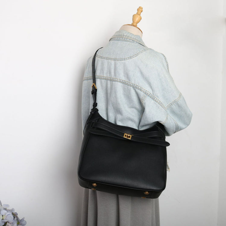 質感真皮|2024新款牛皮鎖扣托特包復古真皮水桶包大容量通勤單肩斜背包「5138#」24.08-1