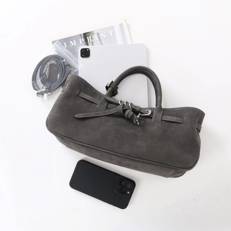 質感真皮|2025新款復古休閒麂皮包通勤百搭極簡皮帶扣設計斜背女小眾托特包「5797」25.09-4