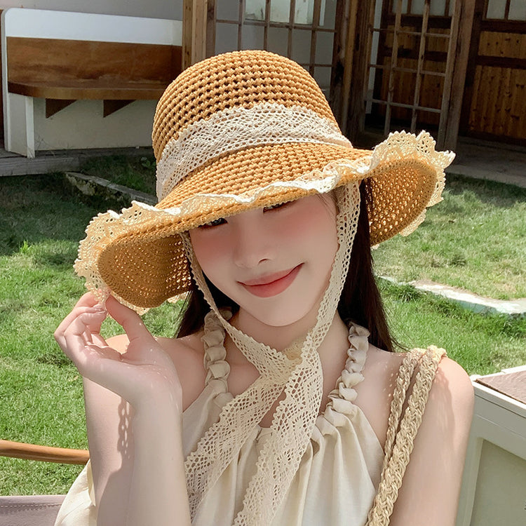 流行帽子 | 蕾絲系帶草帽夏季女帽子防曬學生戶外遮陽帽綁帶沙灘彩虹太陽帽子「C3929」24.05-2