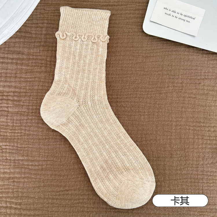女襪|彈力木耳邊襪子女棉質吸汗透氣薄款堆堆襪竪條鏤空網眼舒適中筒襪「CX798」25.08-1