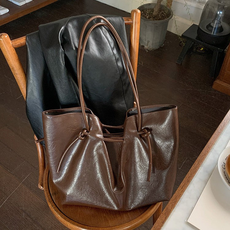 日韓流行|秋冬復古咖色綁帶托特包女士2025簡約大容量通勤單肩包時尚手提包「L9045」25.11-1