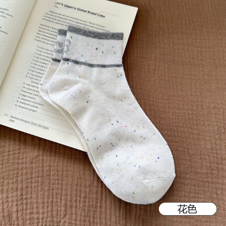 女襪|刺繡襪子女棉質吸汗透氣抗起球短襪彈力無骨ins潮學院風運動襪「20213」25.06-3