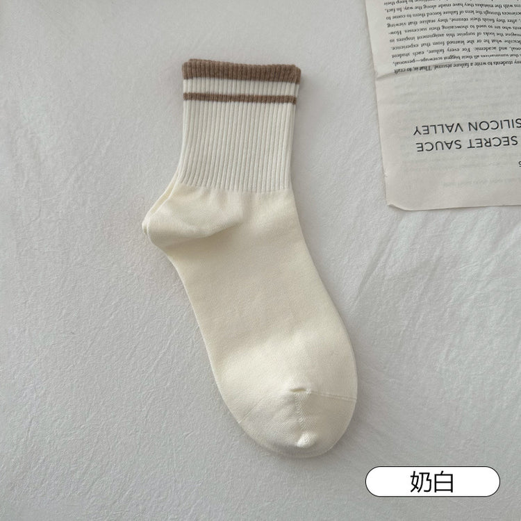 女襪|灰色襪子女竪條顯瘦羅口二槓學院風運動襪棉質親膚舒適彈力中筒襪「FM5090」25.03-1