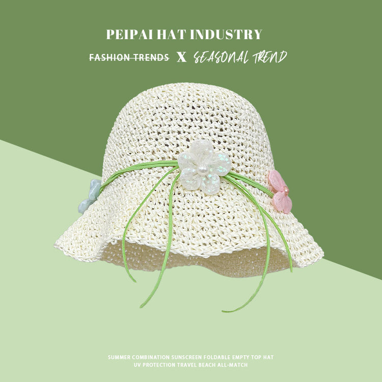 流行帽子|法式花朵草帽子女夏新款海邊度假防曬遮陽帽顯臉小草編漁夫太陽帽「C5165」25.04-2