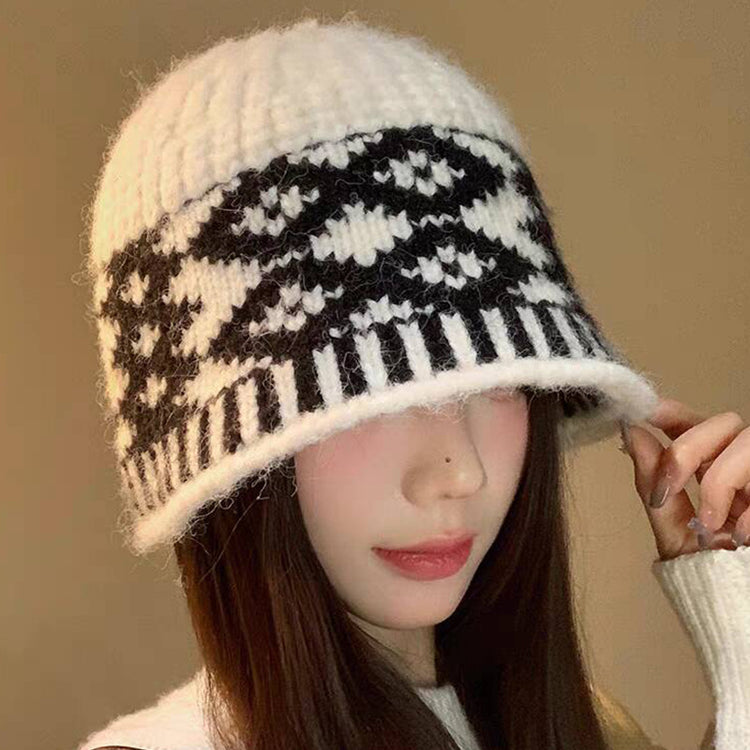 流行帽子|提花格紋針織帽女復古秋冬保暖顯臉小毛線帽撞色小眾學生護耳帽子「C4856」24.11-4