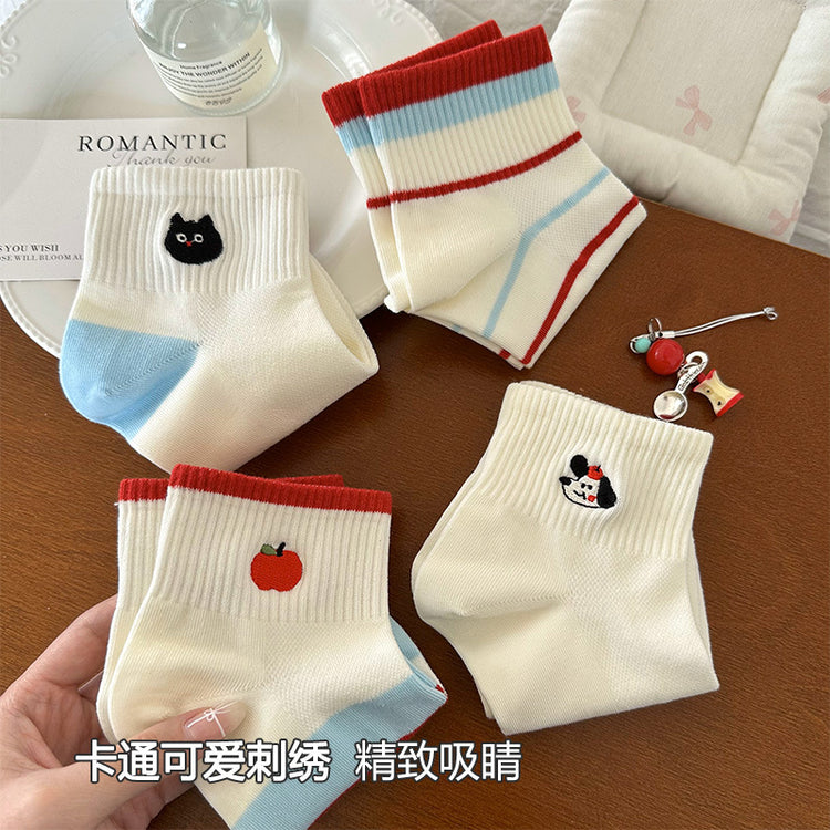 女襪|網眼襪子女棉質吸汗透氣橡筋彈力運動襪卡通刺繡ins潮流好搭短襪「TM7492」25.04-1