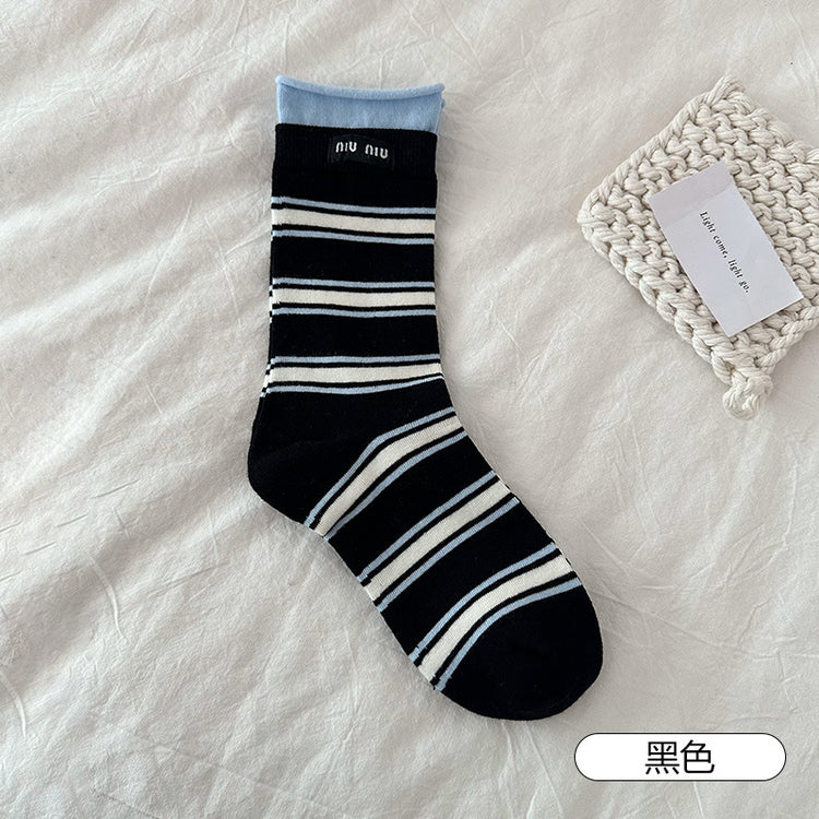 女襪|撞色雙羅口卷邊襪子女春秋季ins潮miu系中筒襪彈力無骨布標堆堆襪「MK5080」25.03-1