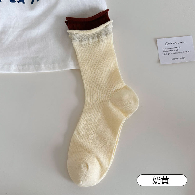 女襪|拼色雙羅口襪子女棉質親膚吸汗透氣中筒襪彈力無骨潮流簡約堆堆襪「MK5084」25.06-1