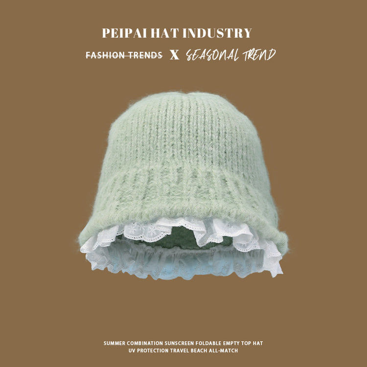 流行帽子|甜美純色白色花邊毛線帽女秋冬韓系保暖顯臉小盆帽針織毛線帽子女「C4628」24.10-3