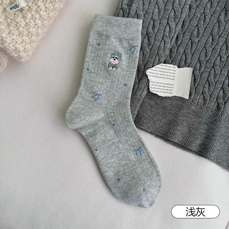 女襪|襪子女士小狗刺繡卡通趣味減齡中筒襪棉質吸汗透氣彈力堆堆襪「F2523」25.10-3