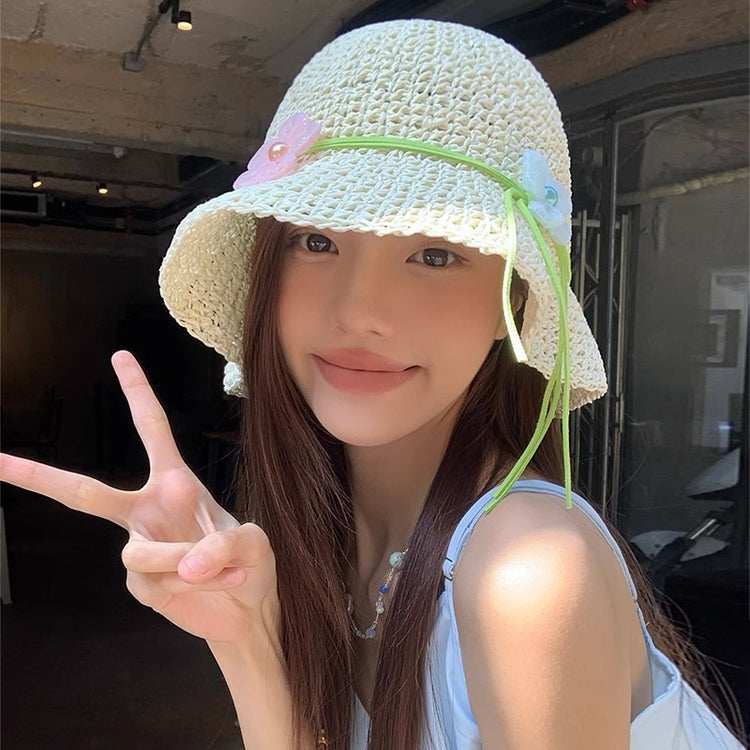 流行帽子|法式花朵草帽子女夏新款海邊度假防曬遮陽帽顯臉小草編漁夫太陽帽「C5165」25.04-2